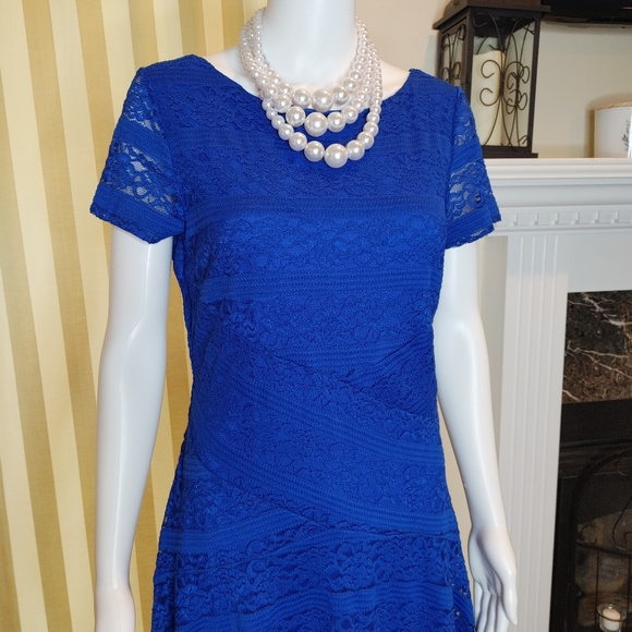 SANGRIA LACE FIT AND FLARE DRESS, BLUE 6 - Picture 3 of 7
